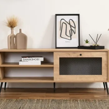 Comoda TV, Wolina, Wire 140, 138x55x41 cm, 100% PLANCA DE PARTICULATI VOLTATE, Stejar imagine