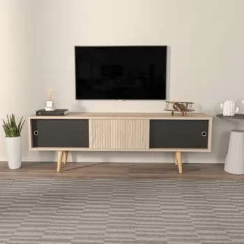 Comoda TV, Zena Home, Ecrin, 160x45x34.5 cm, PAL, Stejar / Negru imagine