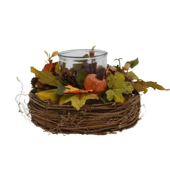 Coronita de masa cu suport lumanare v2, Excellent Houseware, 21x21x13 cm, ratan/sticla, multicolor imagine