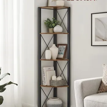 Corp biblioteca de colt cu 5 rafturi, Vasagle, 30x30x160 cm, PAL/otel, maro rustic imagine