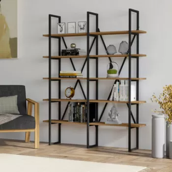 Corp biblioteca, Puqa Design, Burgaz, 126x160x26 cm, PAL, Nuc / Negru imagine