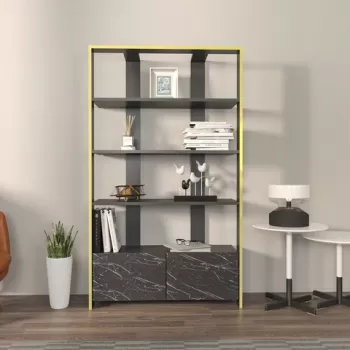 Corp biblioteca, Zena Home, Elena, 93.6x160x31.5 cm, PAL, Negru / Marmura imagine