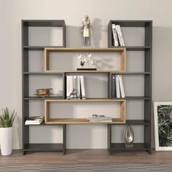 Corp biblioteca, Zena Home, Poyraz, 163.5x150x22 cm, PAL, Negru / Stejar imagine