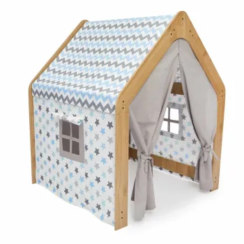 Cort de joaca pentru copii, Hanah Home, Wooden Tent, 95x114x90 cm, Natural / Alb / Albastru imagine