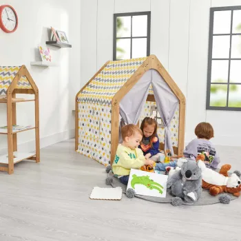 Cort de joaca pentru copii, Hanah Home, Wooden Tent, 95x114x90 cm, Natural / Alb / Galben imagine