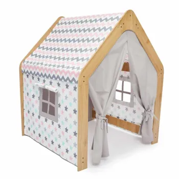 Cort de joaca pentru copii, Hanah Home, Wooden Tent, 95x114x90 cm, Natural / Alb / Roz imagine