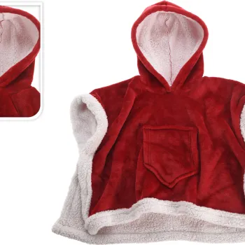 Costum poncho pentru copii Craciun, Excellent Houseware, +3 ani, 70x100 cm, poliester pufos, alb/rosu imagine