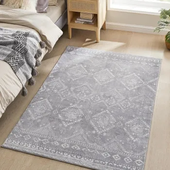 Covor antiderapant Songmics Boho, 120x170 cm, lavabil la masina, poliester, gri deschis imagine