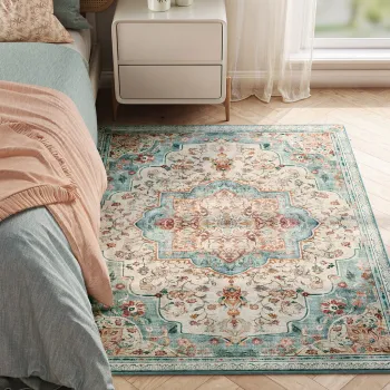 Covor antiderapant Vasagle Vintage, 120x170 cm, lavabil la masina, poliester, albastru teal imagine