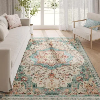 Covor antiderapant Vasagle Vintage, 152x213 cm, lavabil la masina, poliester, albastru teal imagine