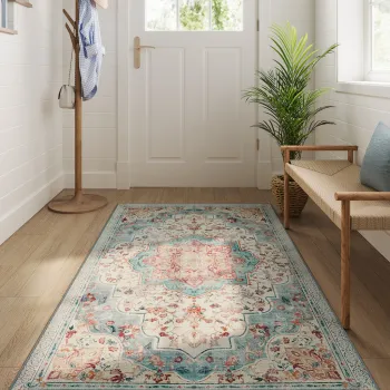 Covor antiderapant Vasagle Vintage, 92x153 cm, lavabil la masina, poliester, albastru teal imagine