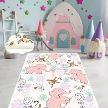 Covor de hol, Pink Elephant , 80x150 cm, Catifea, Multicolor imagine