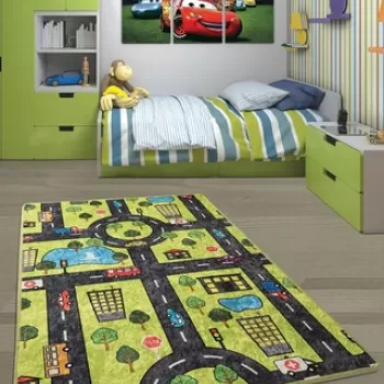 Covor, Green City , 100x160 cm, Catifea, Multicolor imagine