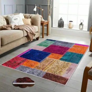 Covor, Hmfesto72 Kece, 160x230 cm, Bumbac, Roz / Portocaliu / Verde / Crem / Albastru marin imagine