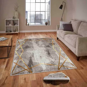 Covor, Hmnt452, 100x150 cm, Poliester, Crem / Nurca / Auriu imagine
