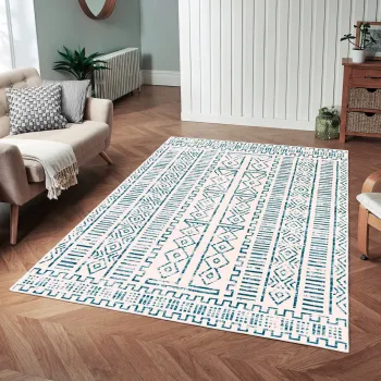 Covor, Woobtny0229, 160x230 cm, BUMBAC/CHENILA, Albastru imagine