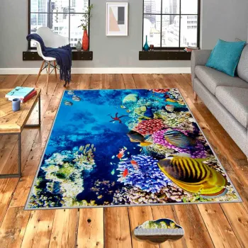 Covor, Wookece663, 100x300 cm, Poliester, Albastru / Coral / Galben / Rosu imagine