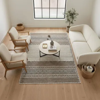Covor, Woosonil133, 140x220 cm, Bumbac, Bej / Maro / Negru imagine