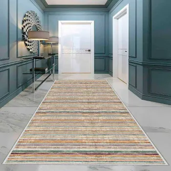 Covor, Wooylk0019, 100x400 cm, Poliester, Alb / Portocaliu / Verde / Galben / Albastru imagine