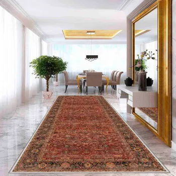 Covor, Wooylk002, 80x250 cm, Poliester, Rosu-caramida / Camila / Negru imagine