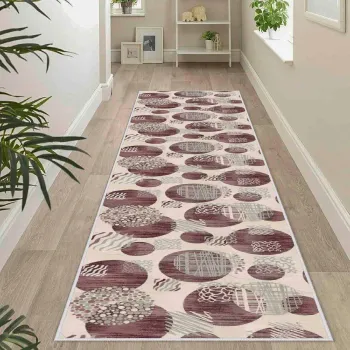 Covor, Wooylk0027, 80x350 cm, Poliester, Crem / Gri / Rosu Claret imagine