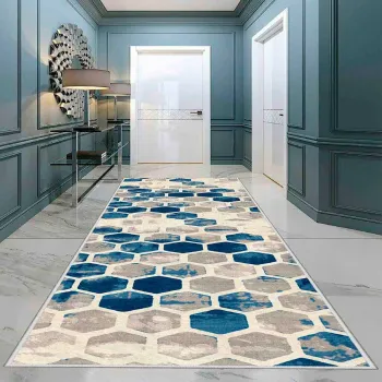 Covor, Wooylk0048, 80x250 cm, Poliester, Crem / Albastru / Nurca imagine