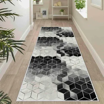 Covor, Wooylk0076, 80x200 cm, Poliester, Alb / Gri / Negru imagine