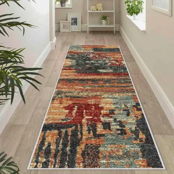 Covor, Wooylk0085, 100x400 cm, Poliester, Crem / Portocaliu / Rosu / Verde imagine