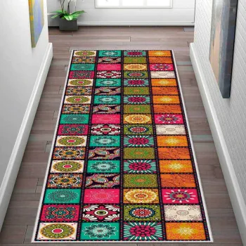 Covor, Wooylk0089, 80x250 cm, Poliester, Alb / Portocaliu / Verde / Galben / Fuchsia imagine