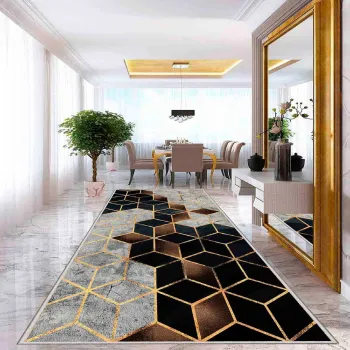 Covor, Wooylk0092, 100x200 cm, Poliester, Bej / Auriu / Negru imagine