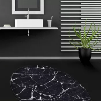 Covoras de baie, Chilai, Marble DJT, 80x120 cm, Catifea, Negru / Bleumarin / Alb imagine