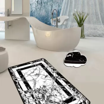 Covoras de baie, Chilai, Marmor, 70x120 cm, Catifea, Alb negru imagine