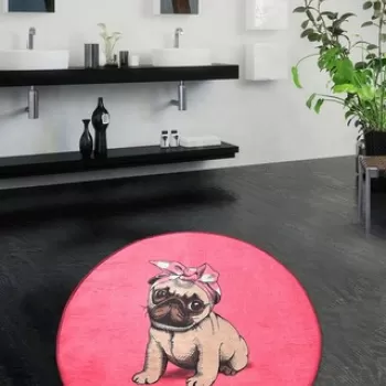 Covoras de baie, Chilai, Pink Pug DJT (100 cm), Micropoliamida, Multicolor imagine