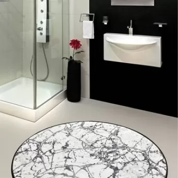 Covoras de baie Marble, Chilai, O140 cm, alb/nergu imagine