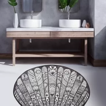 Covoras de baie Maris, Chilai, O120 cm, alb/negru imagine