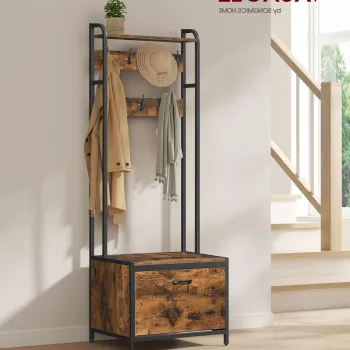 Cuier cu bancheta si pantofar, Industrial Style, Vasagle, 65x40x170 cm, PAL/otel, maro rustic imagine