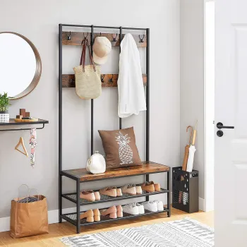 Cuier cu bancheta si pantofar Industrial, Vasagle, 100x40x184 cm, PAL/otel, maro rustic imagine