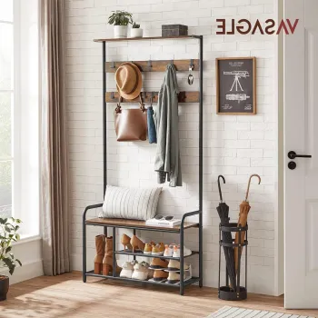 Cuier cu bancheta si pantofar Industrial, Vasagle, 85x30x180.5 cm, PAL/otel, maro rustic imagine