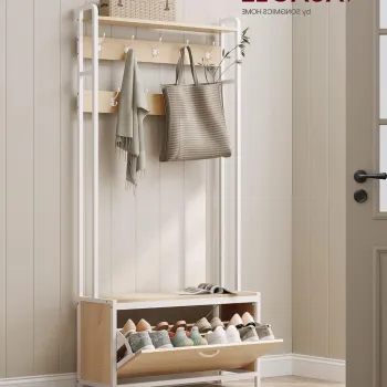 Cuier cu bancheta si pantofar Modern Design, Vasagle, 85x30x180 cm, PAL/otel, alb/natural imagine