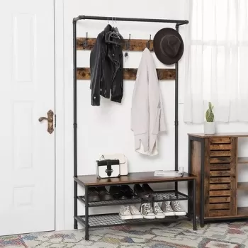 Cuier cu bancheta si pantofar, Vasagle, 100 x 41.5 x 182 cm, fier/PAL, maro rustic imagine