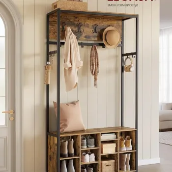 Cuier cu bancheta si pantofar, Vasagle, 100x32x180 cm, PAL/otel, maro rustic imagine