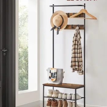 Cuier cu bancheta si pantofar Vasagle, 64x32.2x180 cm, PAL/otel/poliester, maro rustic imagine