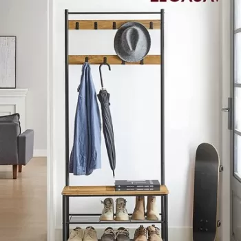 Cuier cu bancheta si pantofar, Vasagle, 70 x 32.5 x 175 cm, PAL/otel, maro rustic imagine