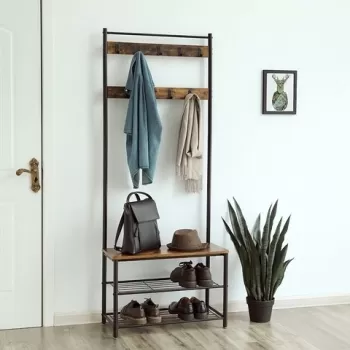 Cuier cu bancheta si pantofar, Vasagle, 70 x 32 x 175 cm, fier/PAL, sand imagine