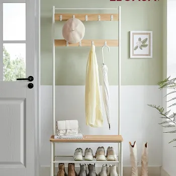 Cuier cu bancheta si pantofar, Vasagle, 70x32x175 cm, PAL/otel, alb/natural imagine