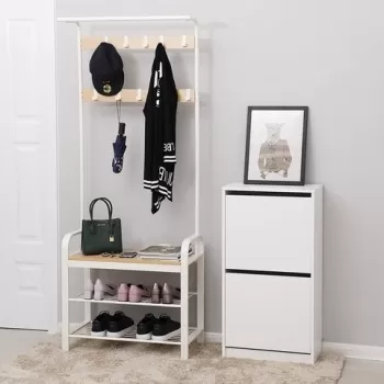 Cuier cu bancheta si pantofar, Vasagle, 72 x 33.7 x 183 cm, fier/PAL, crem imagine