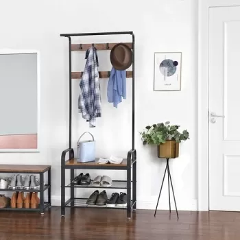 Cuier cu bancheta si pantofar, Vasagle, 72 x 33.7 x 183 cm, fier/PAL, vintage/negru imagine