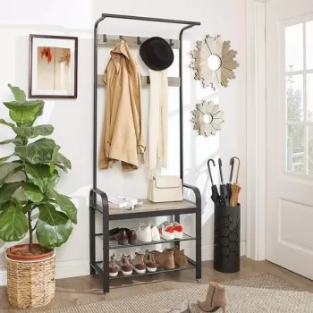 Cuier cu bancheta si pantofar, Vasagle, 72 x 33.7 x 183 cm, otel/PAL, gri/negru imagine