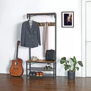 Cuier cu bancheta si pantofar, Vasagle, 80 x 32 x 178.5 cm, fier/PAL, maro rustic imagine