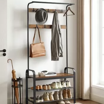 Cuier cu bancheta si pantofar Vasagle, 84 x 33.7 x 183 cm, PAL/fier, maro rustic imagine